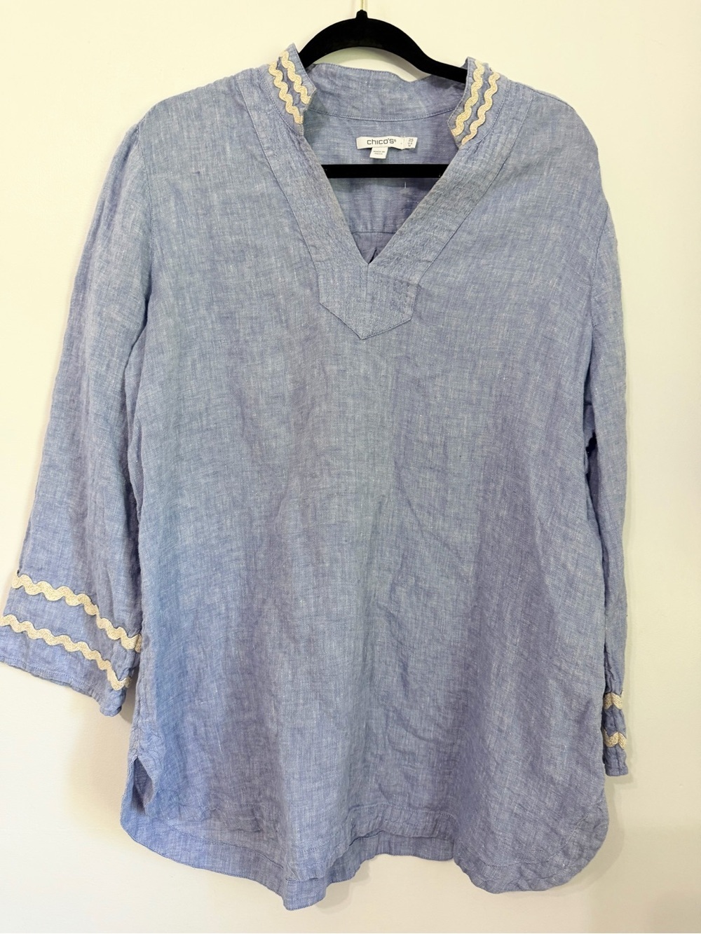 Chico's Women 100% Linen Tunic Top Blue Split Neck Coastal Lagenlook Beach 14